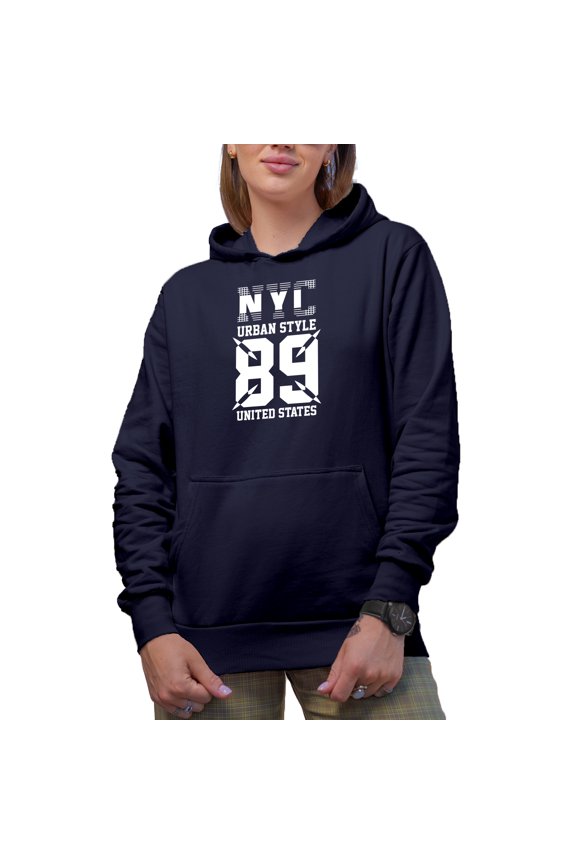 NYC Urban Style 89 United States - City Typography, Navy Blue Hooded Sweatshirt or Hoodie, XL