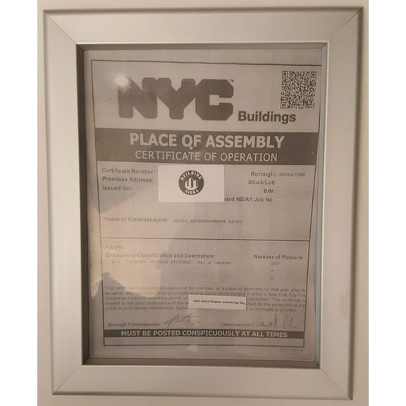 NYC place of assembly certificate of operation frame 8.5" X 11" ( Heavy Duty - Aluminum)