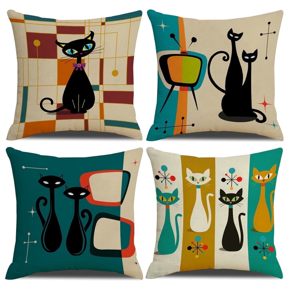 NYDECOR Cat Pillow Covers Pet Throw Pillow Cases Animal Kitty Pillowcase Square Cotton Linen Cushion Cover for Couch Sofa Bed Patio 18x18 Set of 4 Cat Decor