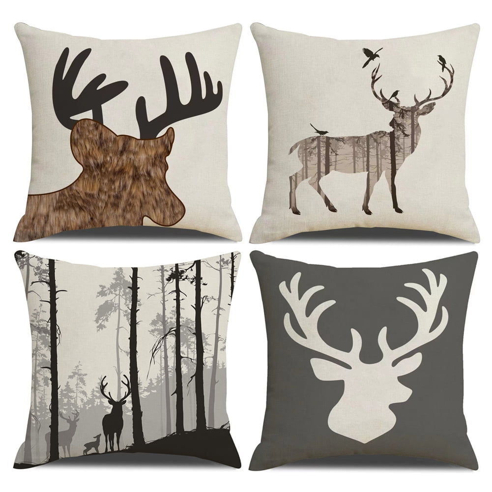 NYDECOR Deer Throw Pillow Covers Forest Elk Pillow Cases Decorative Animal Pillowcase Cotton Linen Square Cushion Cover for Couch Bed Sofa 18x18 Set