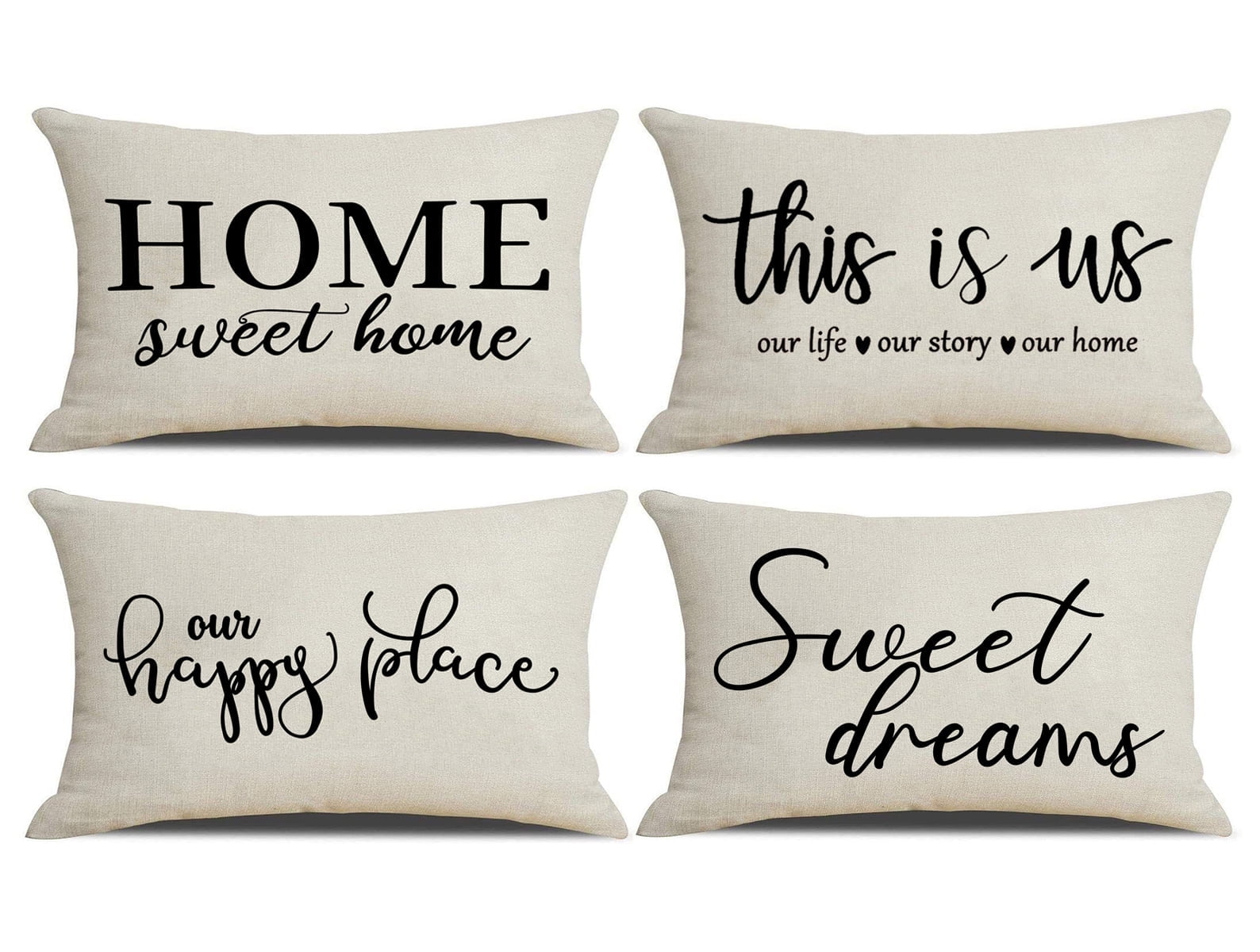 NYDECOR Set of 4 Farmhouse Pillow Covers 12x20 Quote Our Happy Place Lumbar Throw Pillow Cover This is Us Home Sweet Home Pillow Case Sweet Dreams Cushion Covers for Couch Sofa Bed Porch Chair