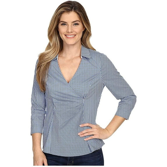 NYDJ Women's Faux Wrap Top with Detachable Fit Solution, Indigo Haze Gingham, X-Small