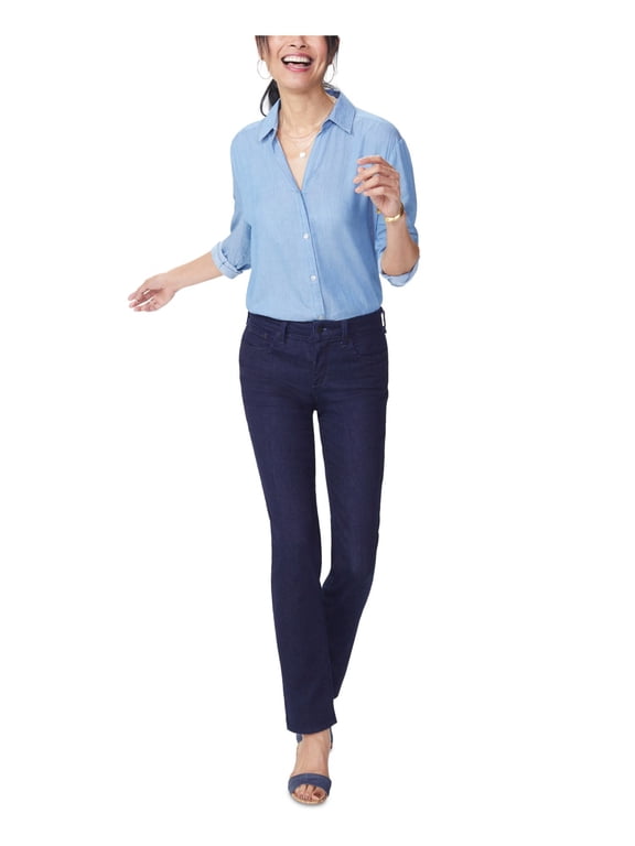 Womens Navy Zippered Pocketed Tummy Control Slim Leg Straight leg Jeans Petites 0P