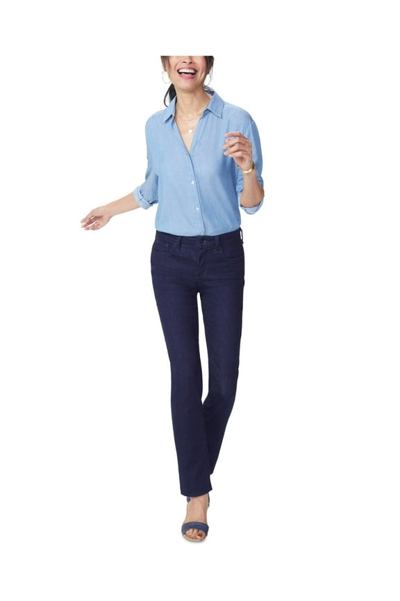 Womens Navy Zippered Pocketed Tummy Control Slim Leg Straight leg Jeans Petites 0P