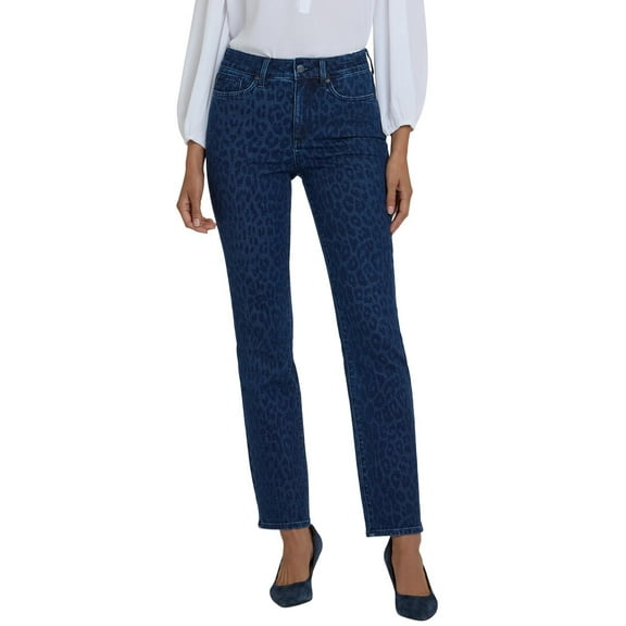NYDJ womens  Petite Marilyn Dark Denim Leopard Print Straight Leg Jean, 00P