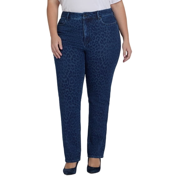 NYDJ womens Plus Marilyn High-Rise Dark Denim Leopard Print Straight Leg Jean,