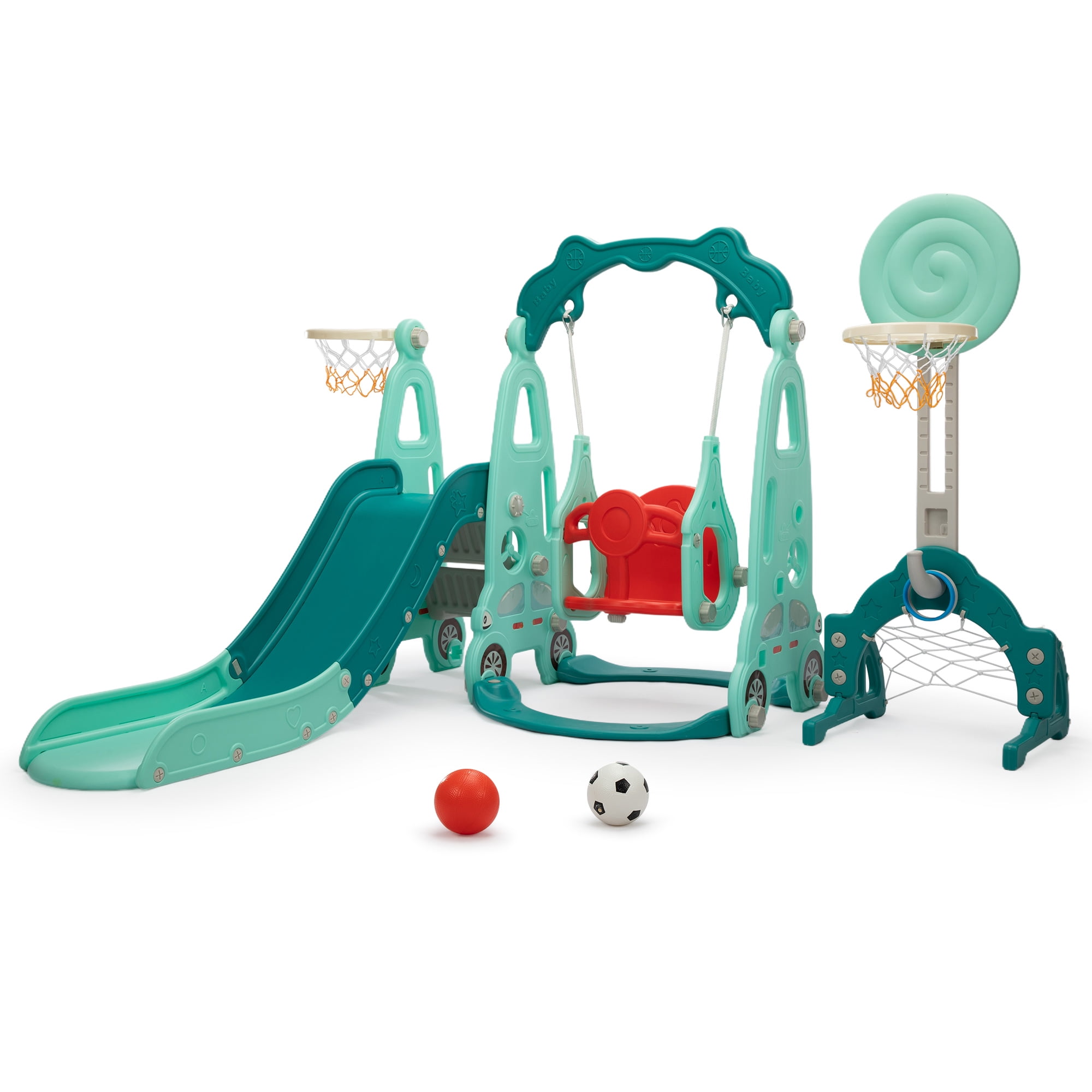 NYEEKOY 5 in 1 Toddler Slide and Swing Set, Indoor and Outdoor Kids Playset with Slide, Swing, Climber, Basketball Hoop and Ring Toss Game, Kids Slide and Swing Playground for Toddlers Age 1-8