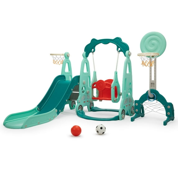 NYEEKOY 5 in 1 Toddler Slide and Swing Set, Indoor and Outdoor Kids Playset with Slide, Swing, Climber, Basketball Hoop and Ring Toss Game, Kids Slide and Swing Playground for Toddlers Age 1-8