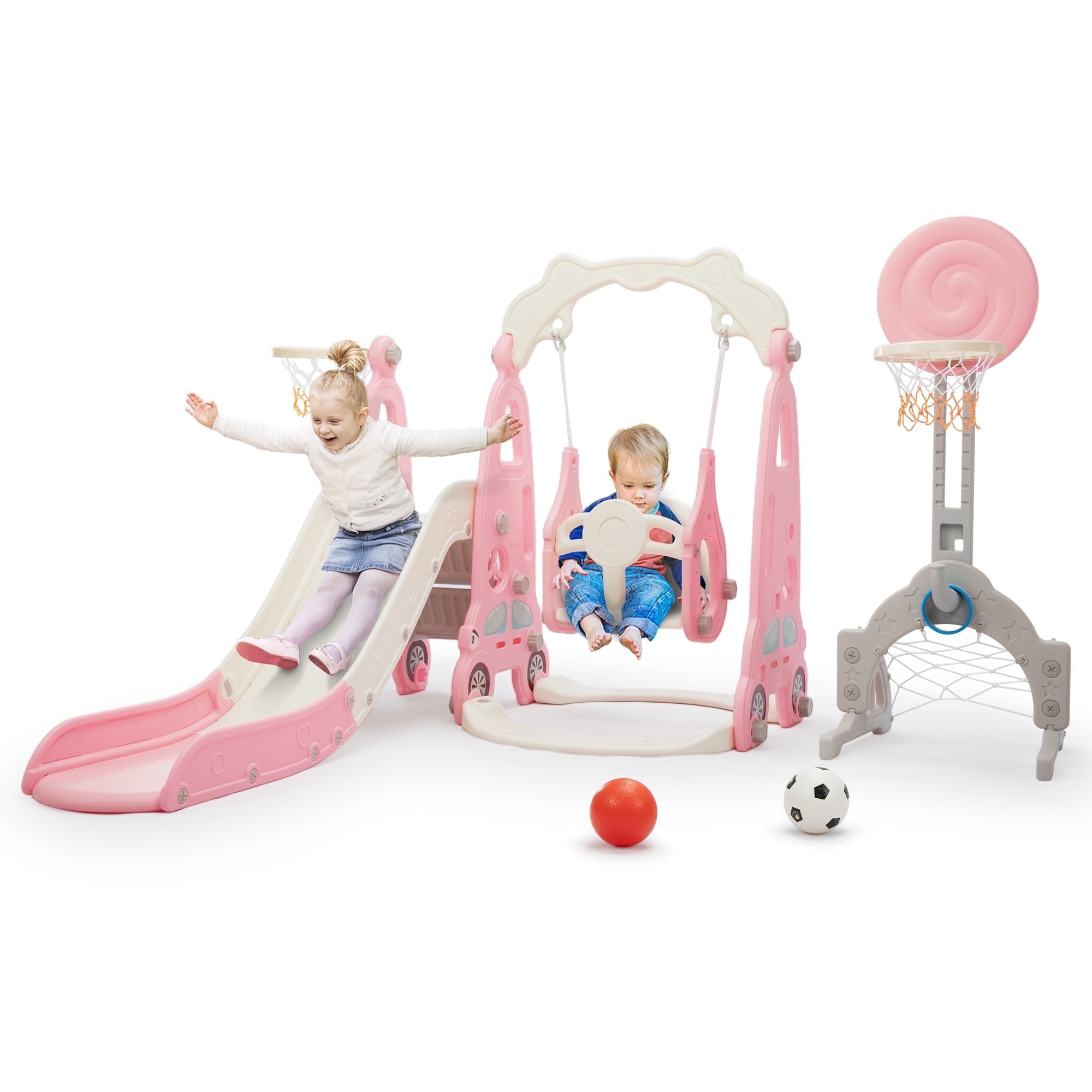 NYEEKOY 6 in 1 Toddler Slide and Swing Set, Indoor and Outdoor Kids Playset with Slide, Swing, Climber, Basketball Hoop and Ring Toss Game, Kids Slide and Swing Playground for Toddlers Age 1-8