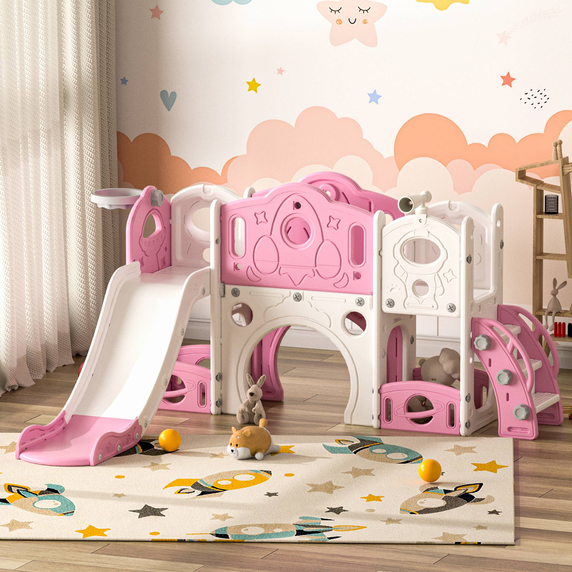 NYEEKOY 9 in 1 Toddler Slide and Climber Play Set Indoor Outdoor Slide for Baby Age 1-6, Freestanding Kids Slide with Basketball Hoop, Telescope, Storage Space