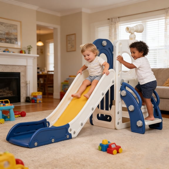 NYEEKOY 6 In 1 Toddler Slide for Toddlers 1-3, Plastic Kids Slide with Basketball Hoop, Telescope, Indoor Outdoor Playground Slides for Backyards, Age 1-6