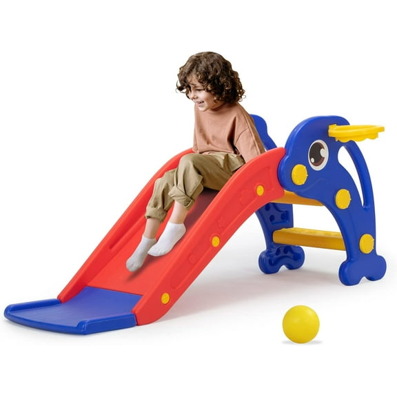 NYEEKOY Toddler Slide Playground Slipping Slide Climber ABS Toy Playset with Basketball Hoop and Ball for Playing Indoors and Outdoors, Red + Blue