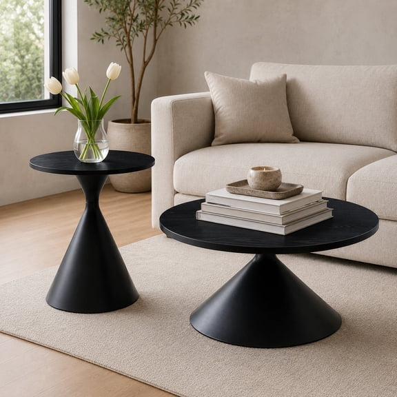 NYEESS 2 Piece Round Nesting Coffee Table Set, Black Pattern Top with Steel Base, Modern Coffee Tables for Living Room Balcony Small Spaces