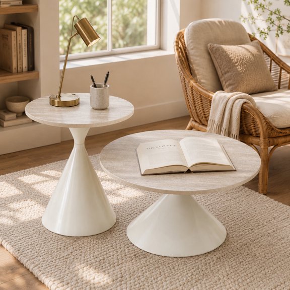 NYEESS 2 Piece Round Nesting Coffee Table Set, Travertine Pattern Top with Steel Base for Living Room, Balcony, Small Spaces