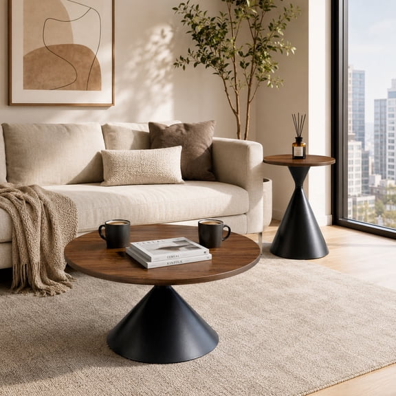 NYEESS 2 Piece Round Nesting Coffee Table Set, Walnut Pattern Top with Steel Base for Living Room, Balcony, Small Spaces