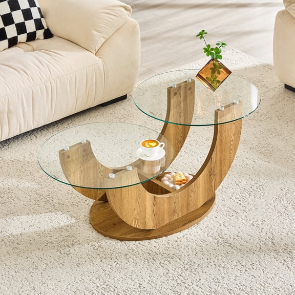 NYEESS 2-Tier Glass Coffee Table with Storage, Tempered Glass Coffee Table with U-Shaped Wood MDF Base for Living Room, Small Spaces