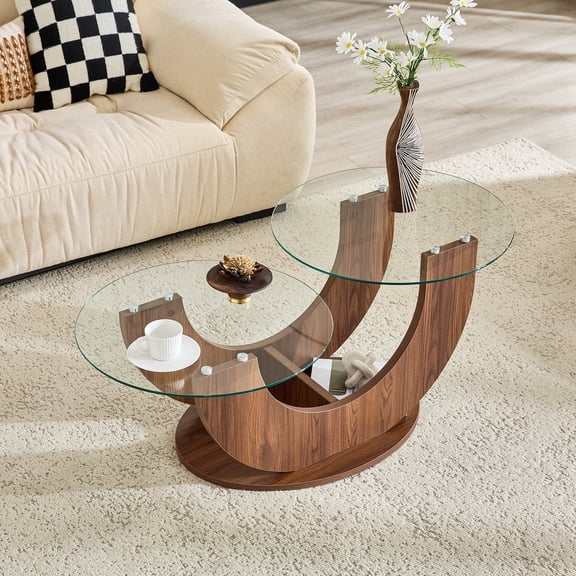 NYEESS 2-Tier Glass Coffee Table with Storage, Tempered Glass Coffee Table with Walnut MDF U-Shaped Base for Living Room
