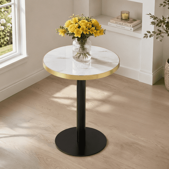 NYEESS 23.6 Inch Round Bistro Table Modern Faux Marble MDF Top with Stainless Steel Edge UV Coating Metal Pedestal Base for Kitchen Dining Room Coffee Corner Small Space Apartment