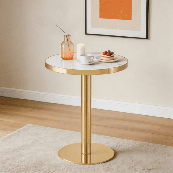 NYEESS 23.6 Inch Round Dining Table with Faux Marble MDF Top, Gold Stainless Steel Pedestal Base, Modern Bistro Coffee Table for Kitchen, Dining Room, Living Room, Small Space