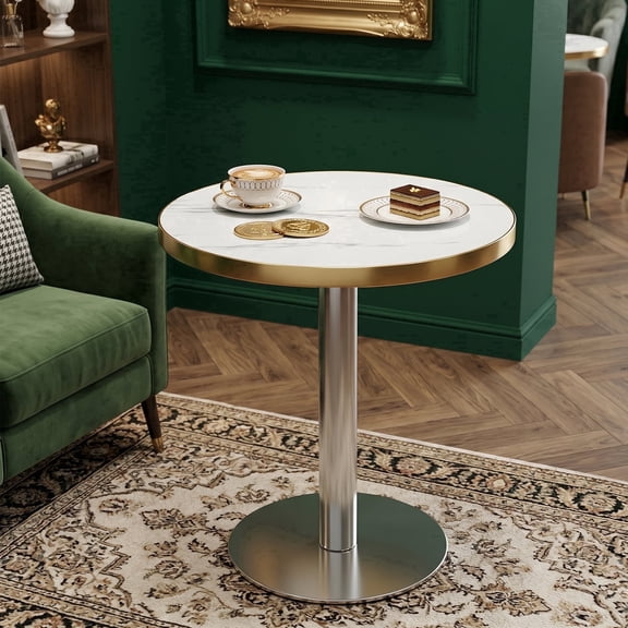 NYEESS 23.6 Inch Round Bistro Table, Marble Look MDF Café Table with Metal Pedestal Base for 2, Kitchen, Breakfast Nook, Apartment
