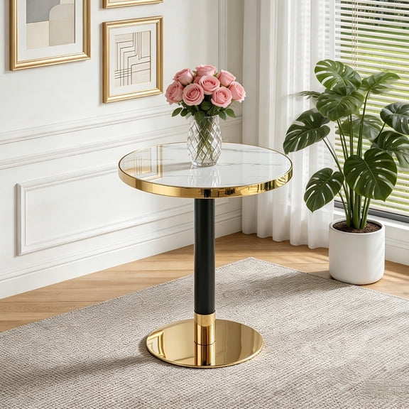 NYEESS 23.6 Inch Round Tulip Dining Table, Faux Marble Kitchen Table with Gold Stainless Steel Pedestal for 2-4, Bistro Table for Dining Room Caf