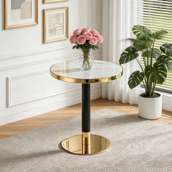 NYEESS 23.6 Inch Round Tulip Dining Table, Faux Marble Kitchen Table with Gold Stainless Steel Pedestal for 2-4, Bistro Table for Dining Room Café