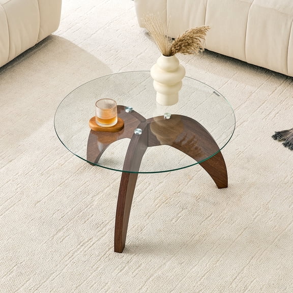 NYEESS 27.5 Inch Round Glass Coffee Table, Clear Tempered Glass Center Table with Walnut MDF Claw Base for Living Room