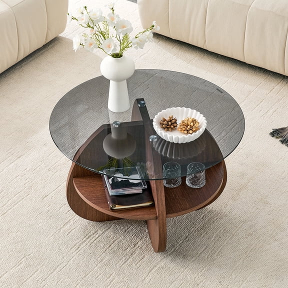 NYEESS 30 Inch Round Glass Coffee Table with Storage, Tempered Glass Center Table with Walnut MDF Cross Base for Living Room