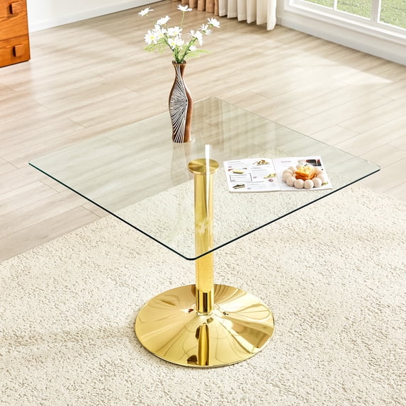 NYEESS 38.5 Inch Square Glass Dining Table, Tempered Glass Kitchen Table with Gold Metal Pedestal Base for 2-4 People, Dining Room Apartment