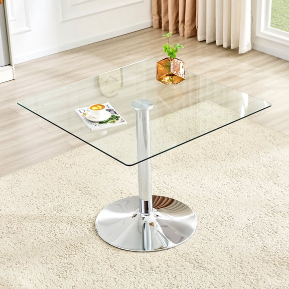 NYEESS 38.5 Inch Square Glass Dining Table, Tempered Glass Kitchen Table with Silver Metal Pedestal Base for 2-4 People, Dining Room Apartment