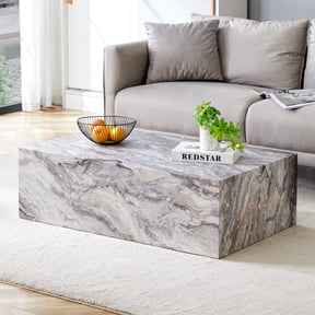 NYEESS Rectangular Coffee Table, Gray Marble MDF Living Room Table with Block Base for Small Spaces