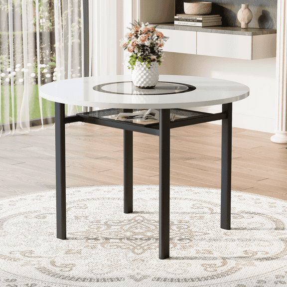 NYEESS 42 Inch Round White Dining Table for 4-6, Modern MDF Kitchen Table with Built-in Glass Panel & Storage Shelf, Sturdy Black Metal Legs, Space-Saving Dining Room Furniture