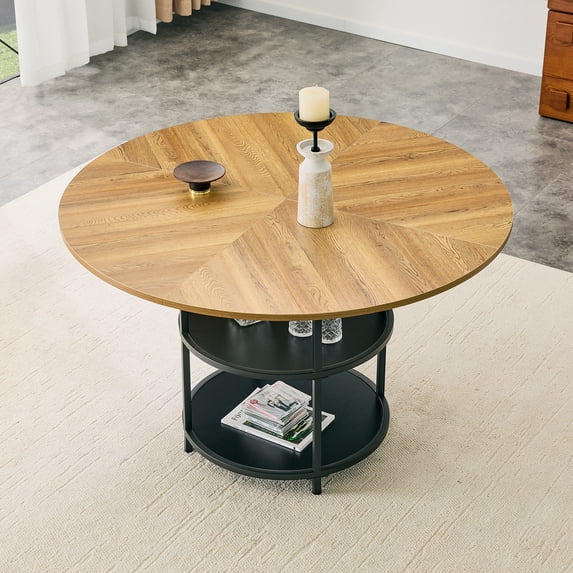 NYEESS 47.3 Inch Round Dining Table with Storage Shelf, Wood and Black ...