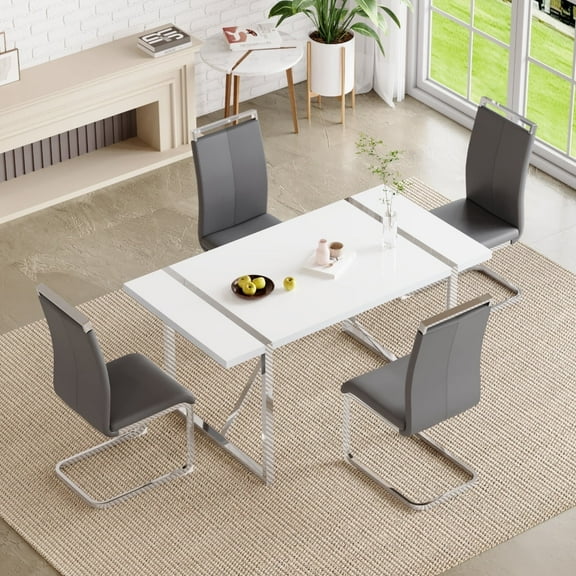NYEESS 5-Piece 55" Dining Table Set with 4 Dark Gray Chairs, High Gloss MDF Top, Modern Style for Kitchen or Dining Room