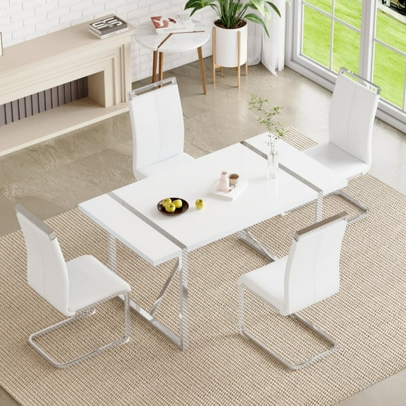NYEESS 5-Piece 55" White Dining Table Set with 4 Chairs, High Gloss MDF Top, Modern Style for Dining Room or Kitchen