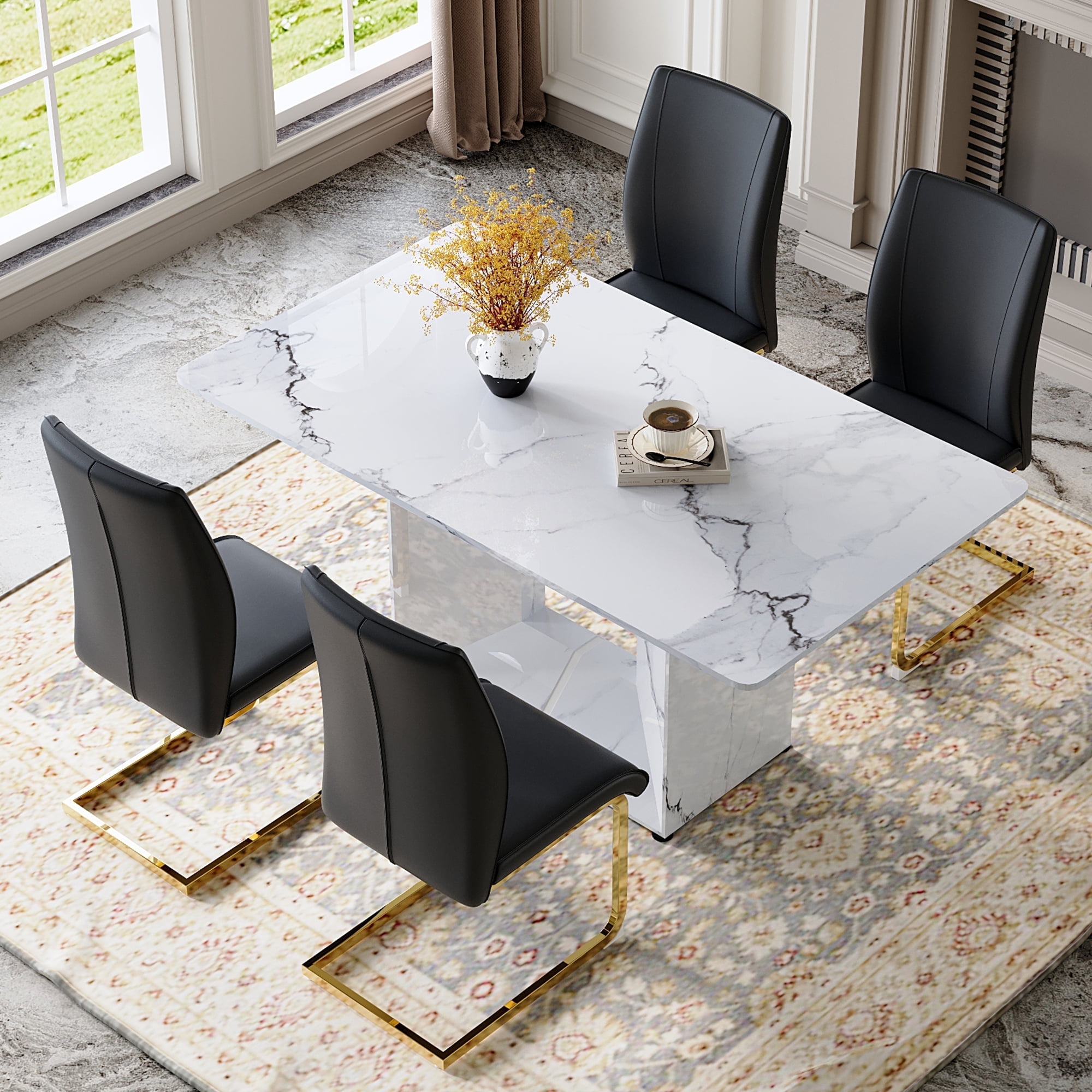 NYEESS 5-Piece 63"x35.4" White Marble Dining Table Set with 4 Black PU ...