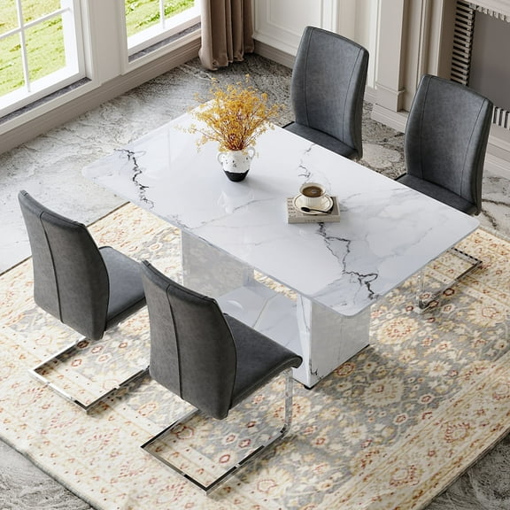 NYEESS 5-Piece 63"x35.4" White Marble Dining Table Set with 4 Dark Gray PU Chairs and Metal Legs