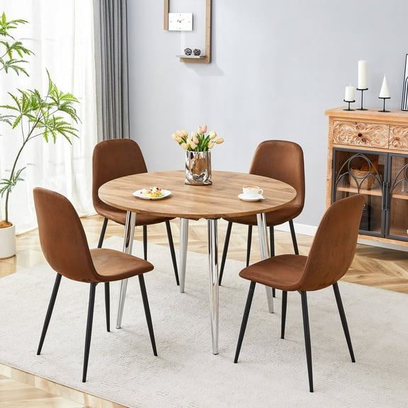 NYEESS 5-Piece Extendable Dining Table Set, 42"-54" Round to Oval Rustic Wood Grain MDF Top & Silver Metal Legs, Modern Farmhouse Kitchen Set with 4 Brown Suede Chairs