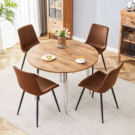 NYEESS 5-Piece Extendable Dining Table Set, 42"-54" Round to Oval Rustic Wood Grain MDF Top & Silver Metal Legs, Modern Farmhouse Set for Small Spaces & Apartment