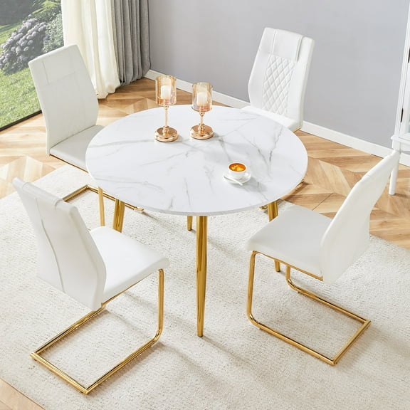 NYEESS 5-Piece Extendable Dining Table Set, 42"-54" Round to Oval White Faux Marble-Textured MDF Top & Gold Metal Legs, Modern Kitchen Set with 4 White PU Chairs