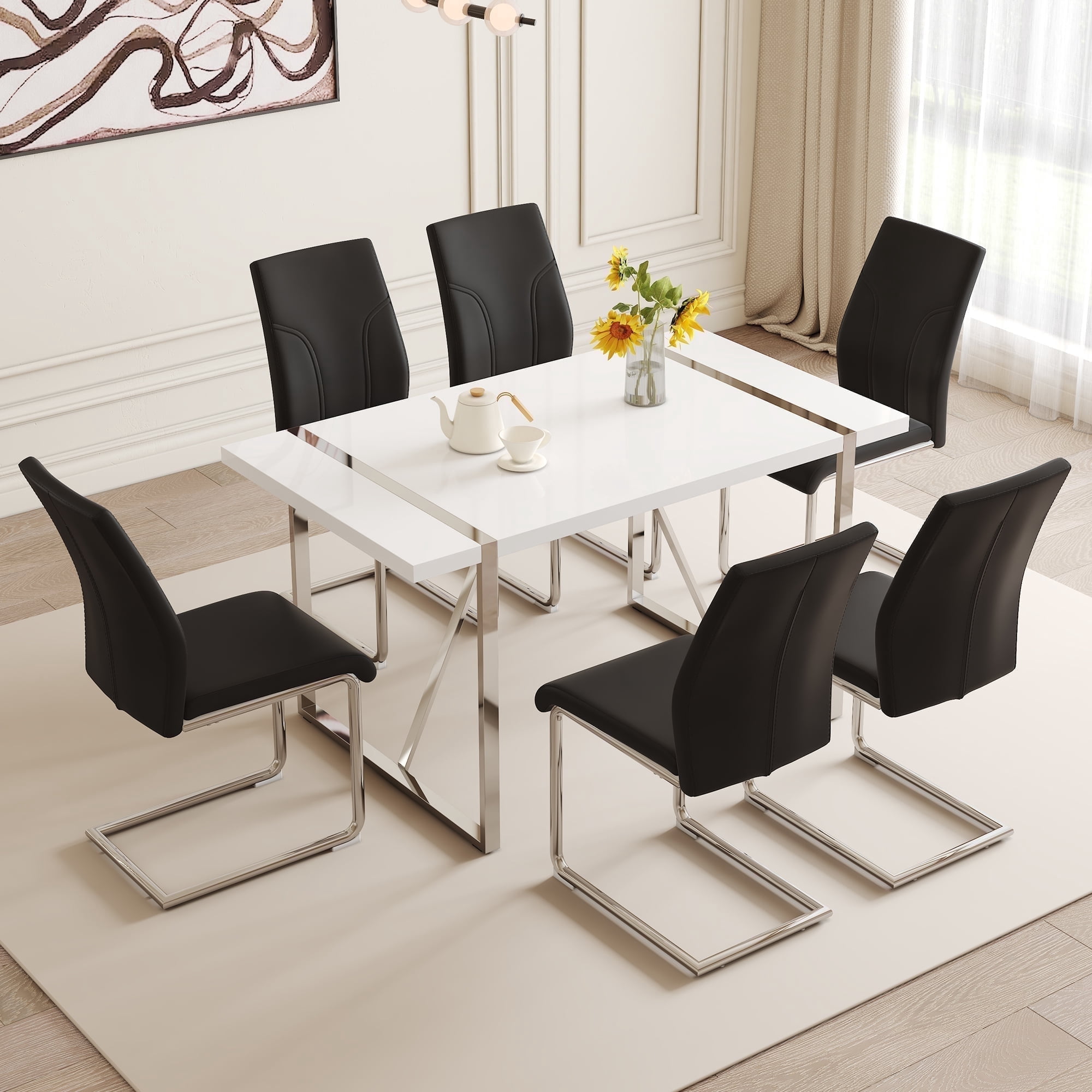 NYEESS 55 inch White MDF Dining Table Set with 6 Black PU Leather ...