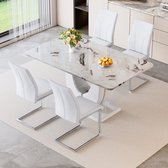 NYEESS 63 inch White Faux Marble Dining Table Set for 4 with PU Chairs, Modern Rectangle Kitchen Table for Dining Room