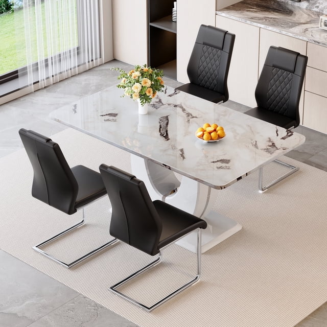 NYEESS 63 inch White Marble Dining Table Set with 4 Black PU Chairs ...