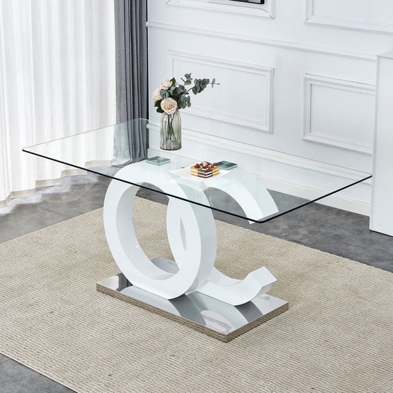 NYEESS 63x35.4 inch Modern Rectangular Glass Dining Table for 6-8, White MDF Base with Metal Support, Kitchen and Dining Room
