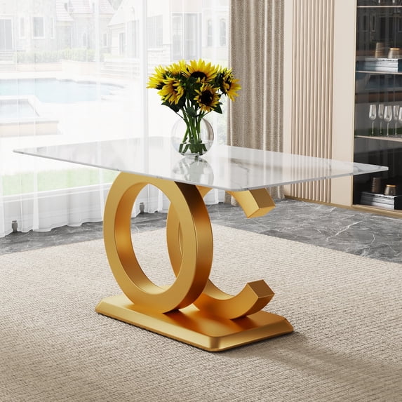 NYEESS 63" White Faux Marble Rectangular Dining Table for 6-8, Modern Style with Gold MDF Base and Metal Legs, Kitchen or Dining Room