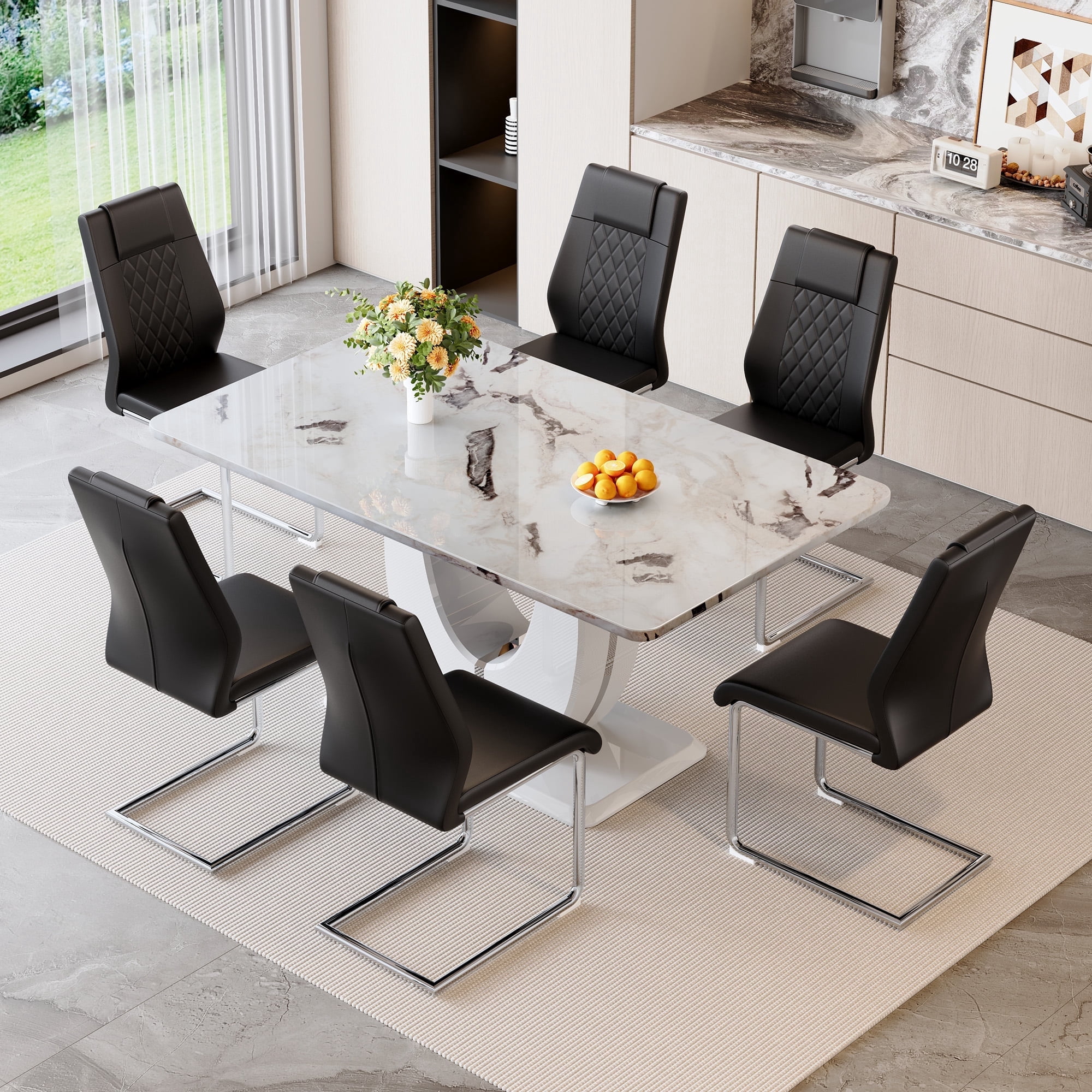 NYEESS 7-Piece 63 inch White Marble Dining Table Set with 6 Black PU ...
