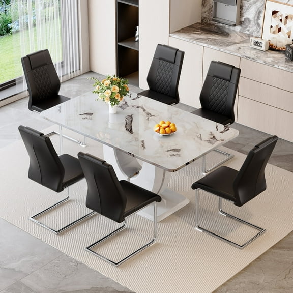 NYEESS 7-Piece 63 inch White Marble Dining Table Set with 6 Black PU Chairs, Modern Rectangular Dining Room Furniture