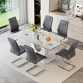 thumbnail image 1 of NYEESS 7-Piece 63 inch White Marble Dining Table Set with 6 Dark Gray PU Chairs, Modern Rectangular Dining Room Furniture, 1 of 9