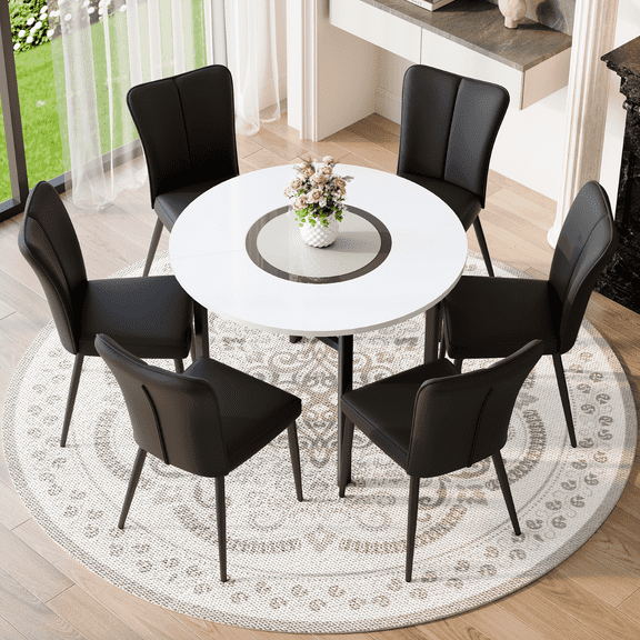 NYEESS 7-Piece Dining Room Set, 42" Modern White Round MDF Table with Glass Inlay & Storage Shelf, 6 Black PU Leather Chairs with Sturdy Black Metal Legs, Space-saving