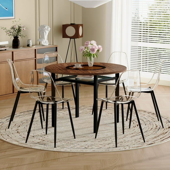 NYEESS 7-Piece Dining Set for 6, 42 Inch Round Wood Grain Kitchen Table with Tea Glass & Storage, 6 Clear Acrylic Chairs, Sturdy Black Metal Legs, Modern Industrial Furniture for Dining Room